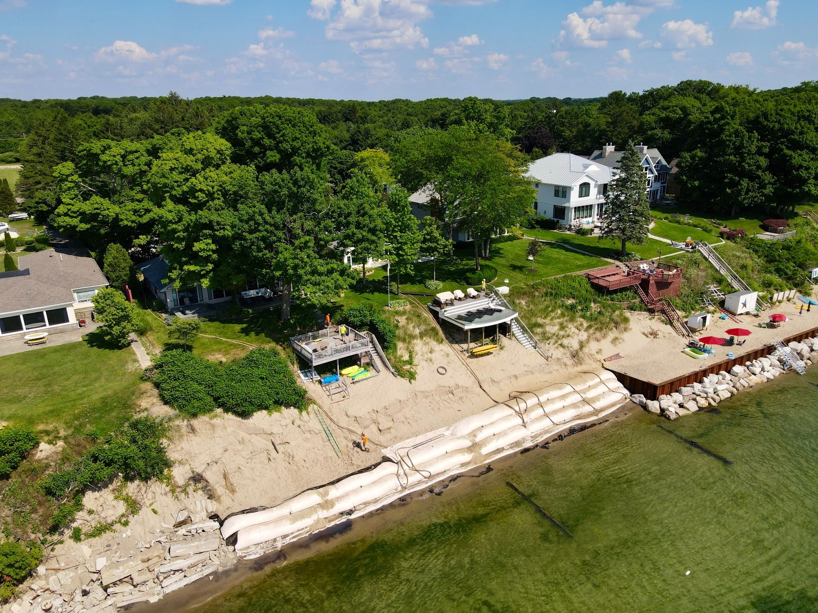 Geotextile tubes installed on a shoreline