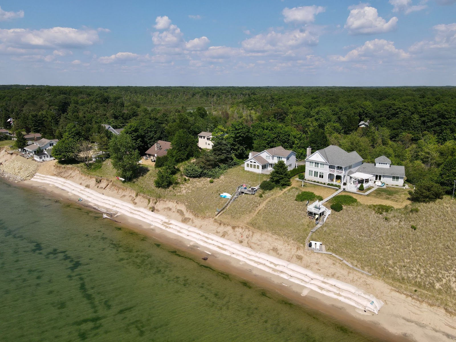 Aerial view of geotextile tubes on the beach